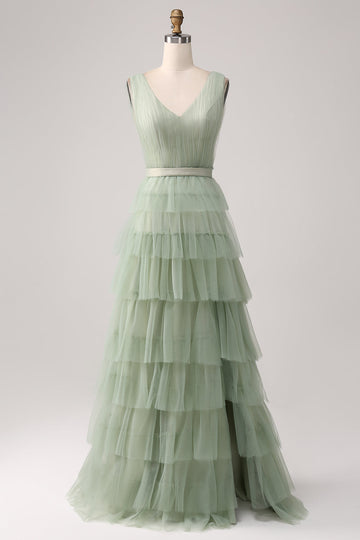 Vestido de fiesta verde plisado escalonado con abertura